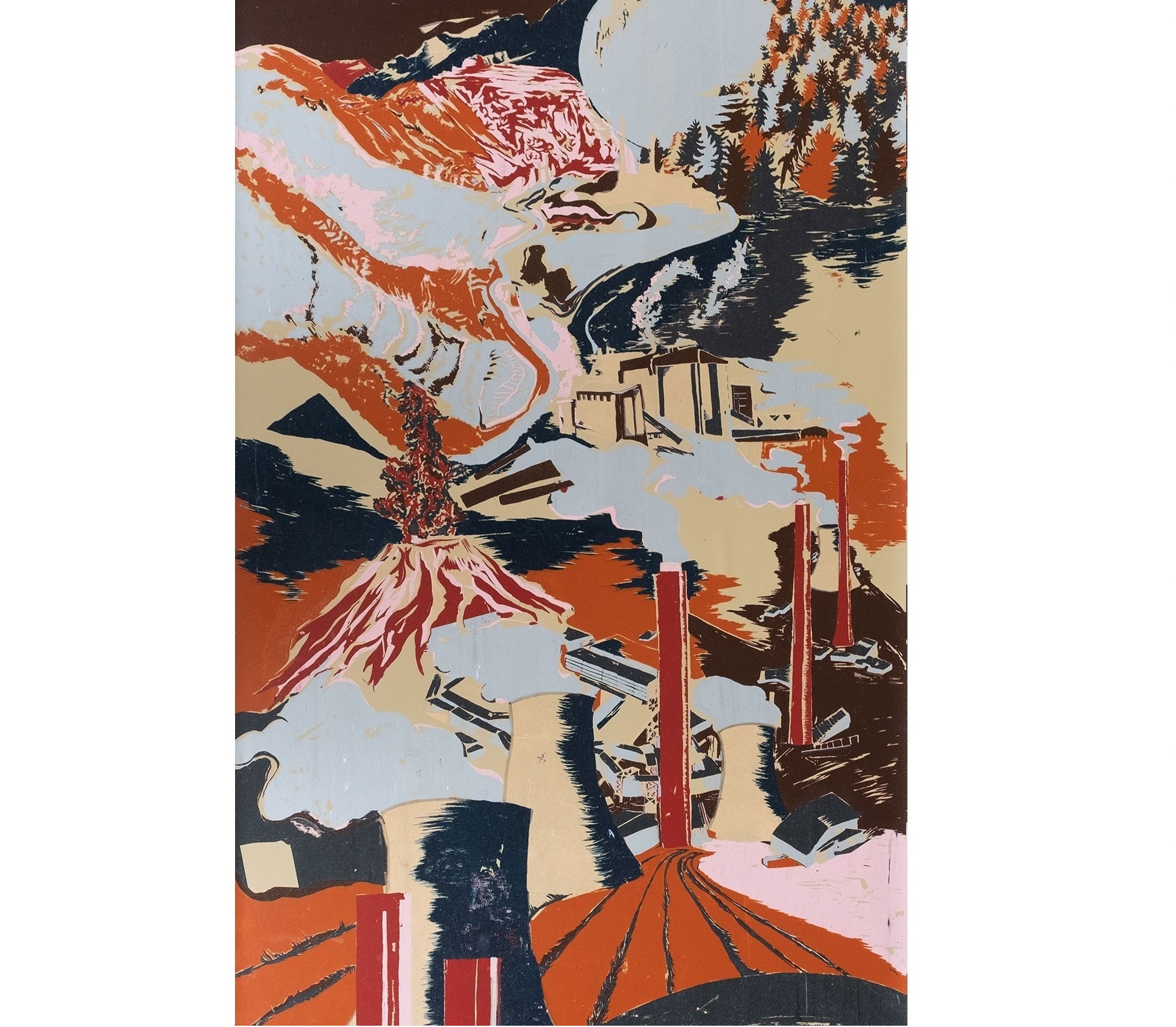 Stylised screen print depicting a river valley with polluting chimneys. In maroon, brown, navy blue, orange and beige.